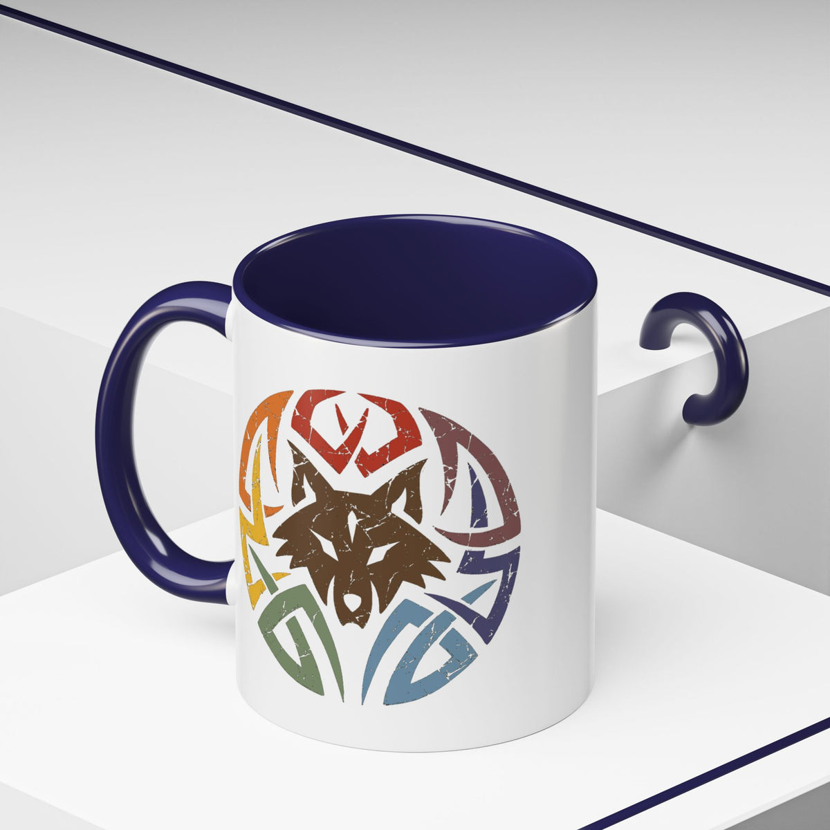Wolf Tribal Accent Coffee Mug — Rainbow Tribal Wolf Design (11/15oz)