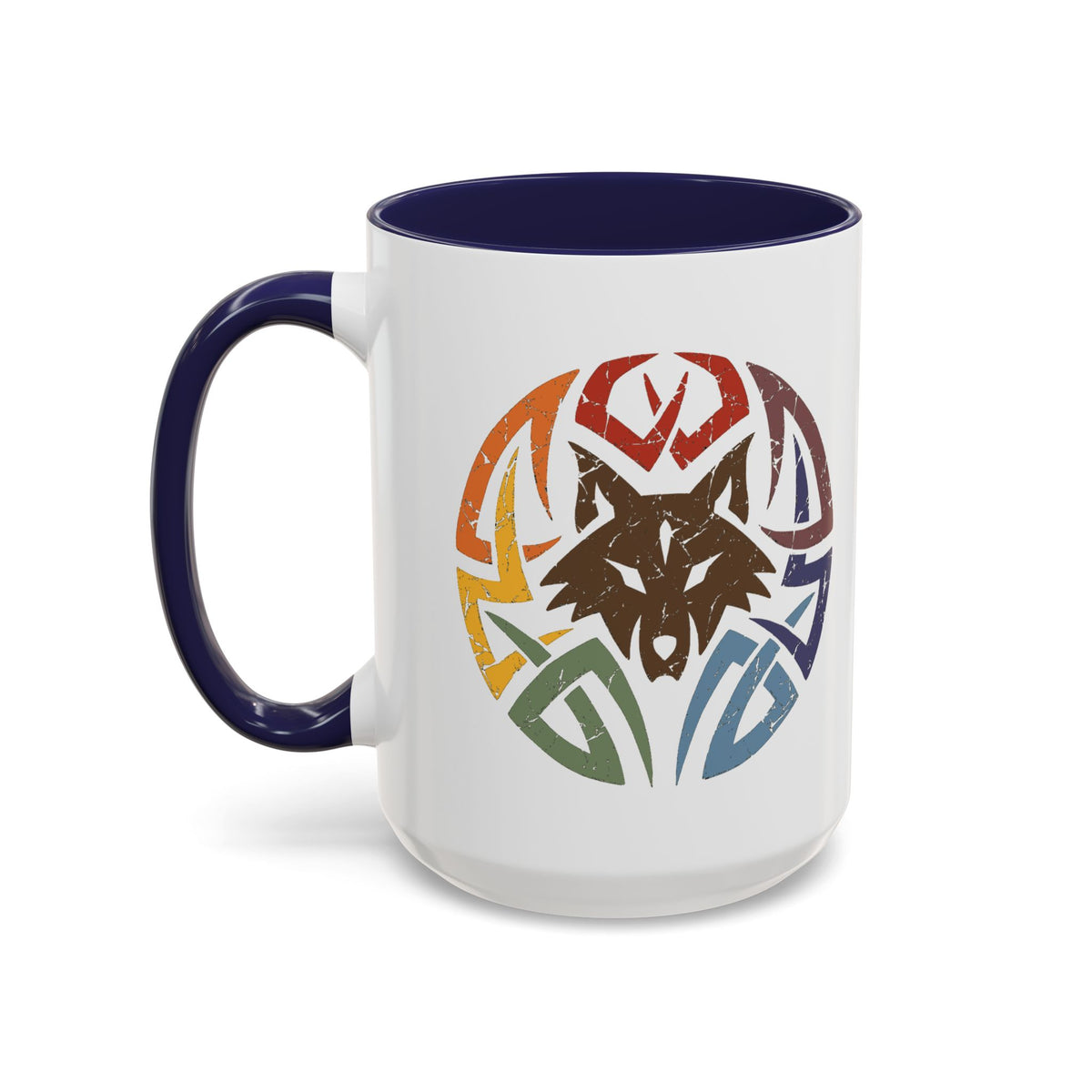 Wolf Tribal Accent Coffee Mug — Rainbow Tribal Wolf Design (11/15oz)