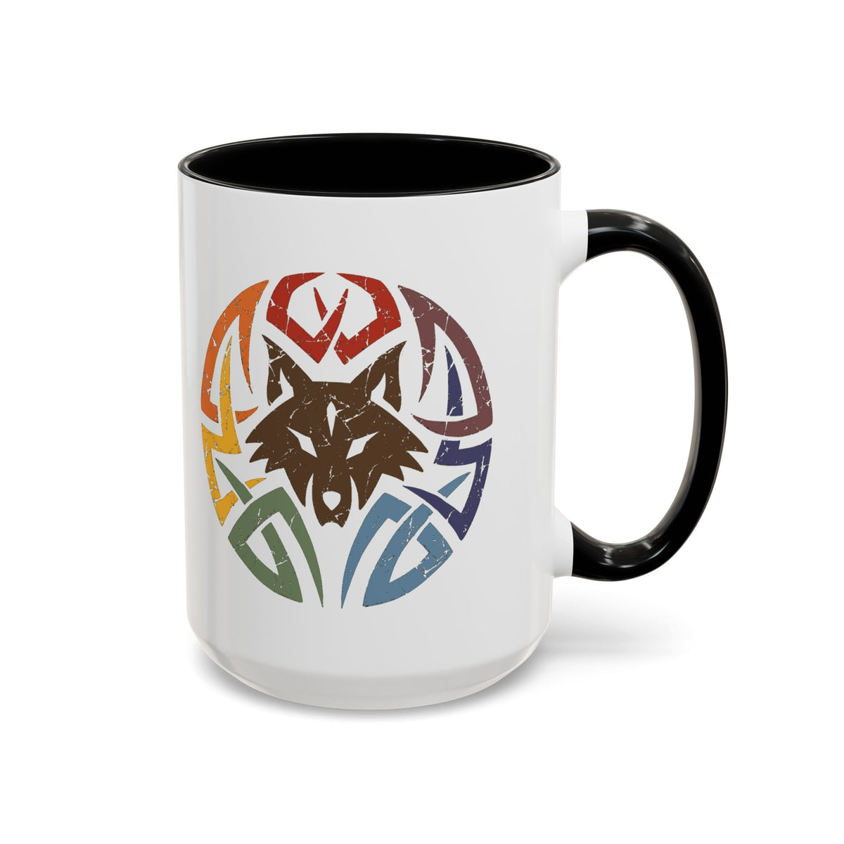 Wolf Tribal Accent Coffee Mug — Rainbow Tribal Wolf Design (11/15oz)