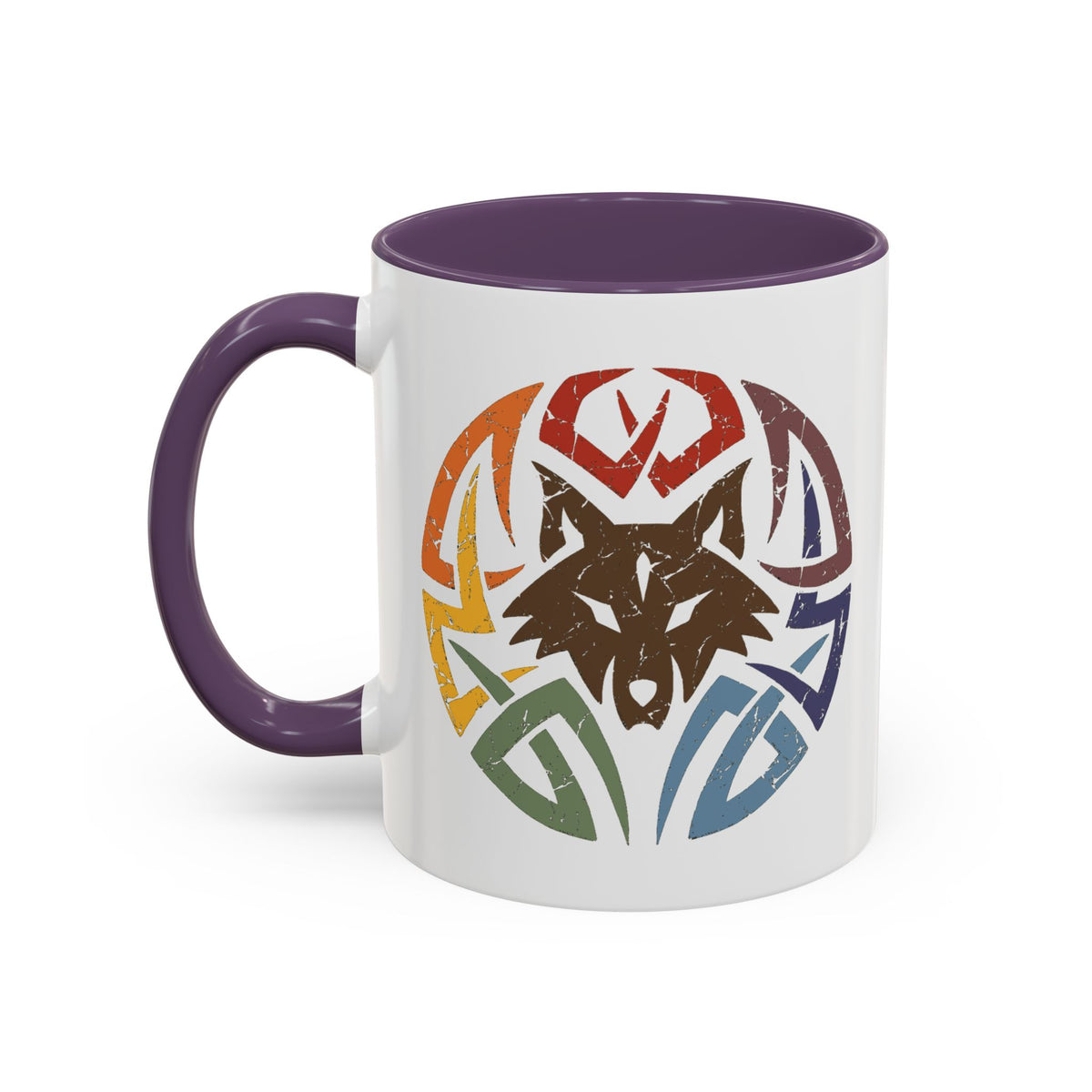 Wolf Tribal Accent Coffee Mug — Rainbow Tribal Wolf Design (11/15oz)