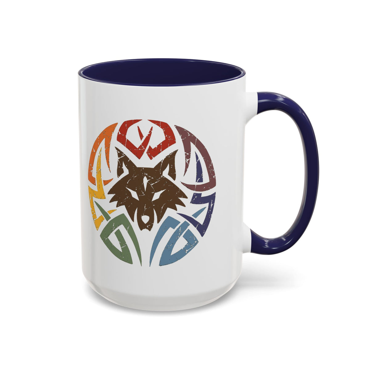 Wolf Tribal Accent Coffee Mug — Rainbow Tribal Wolf Design (11/15oz)