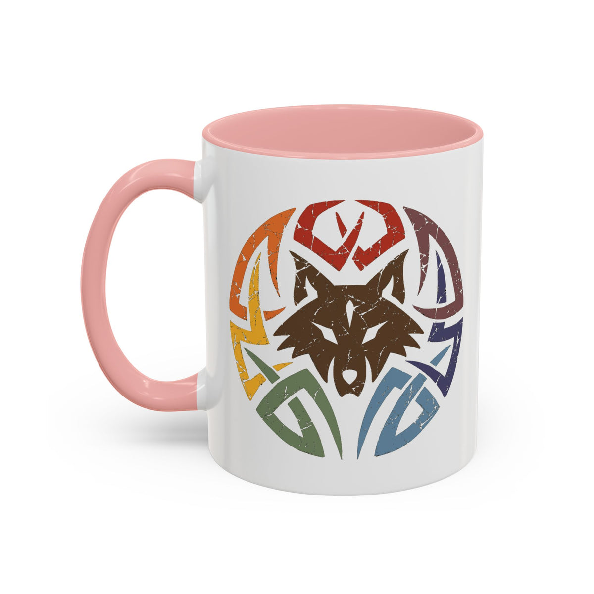 Wolf Tribal Accent Coffee Mug — Rainbow Tribal Wolf Design (11/15oz)