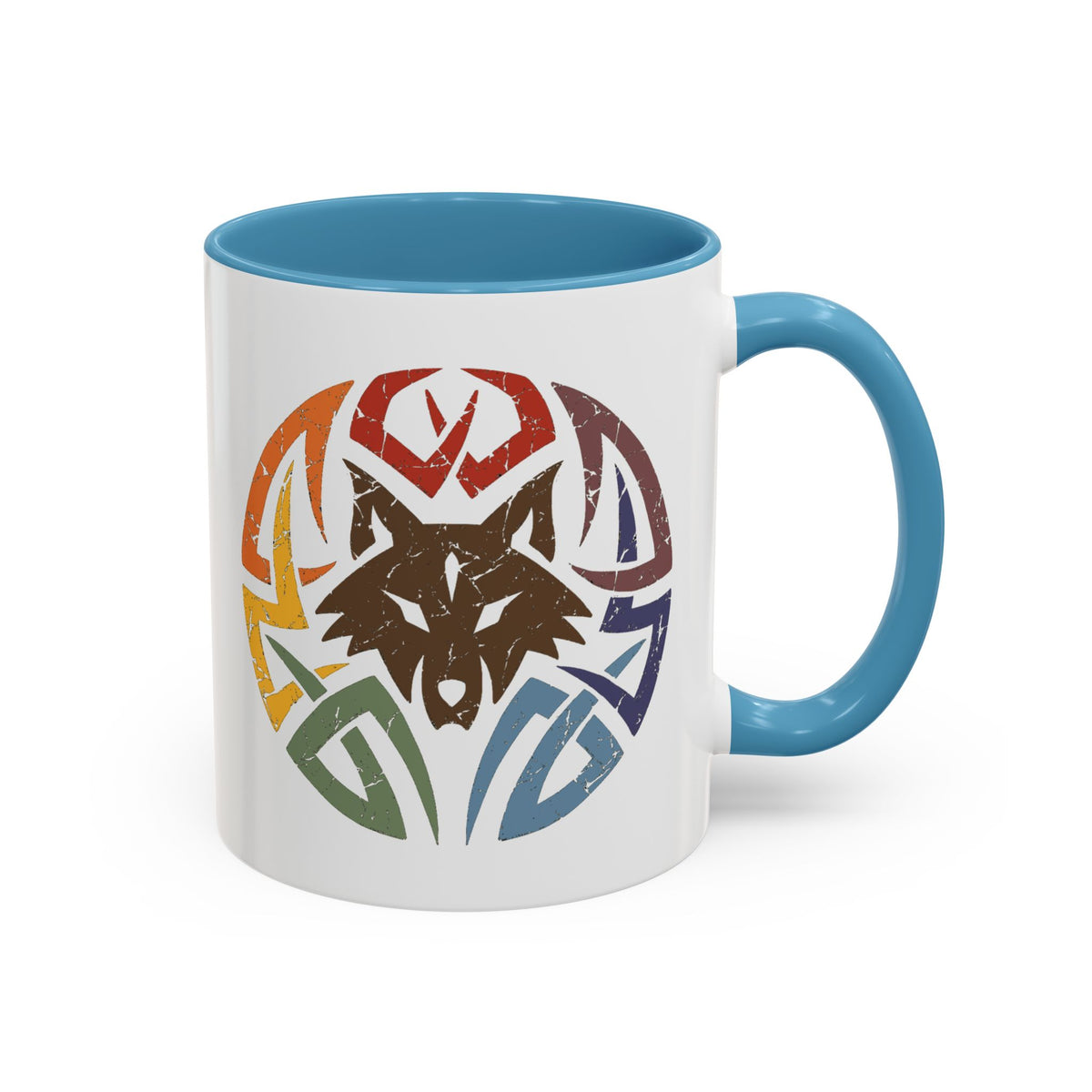 Wolf Tribal Accent Coffee Mug — Rainbow Tribal Wolf Design (11/15oz)