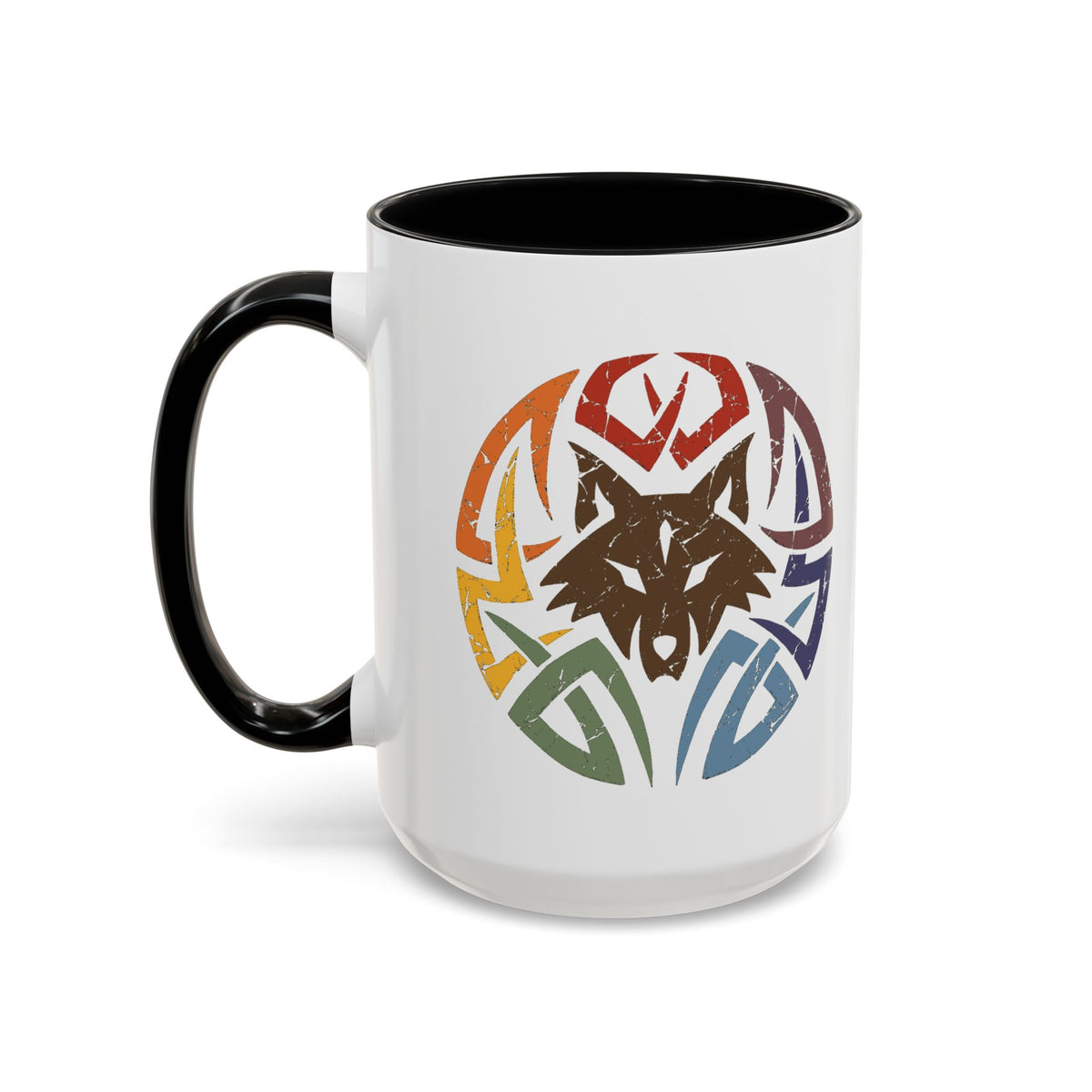 Wolf Tribal Accent Coffee Mug — Rainbow Tribal Wolf Design (11/15oz)