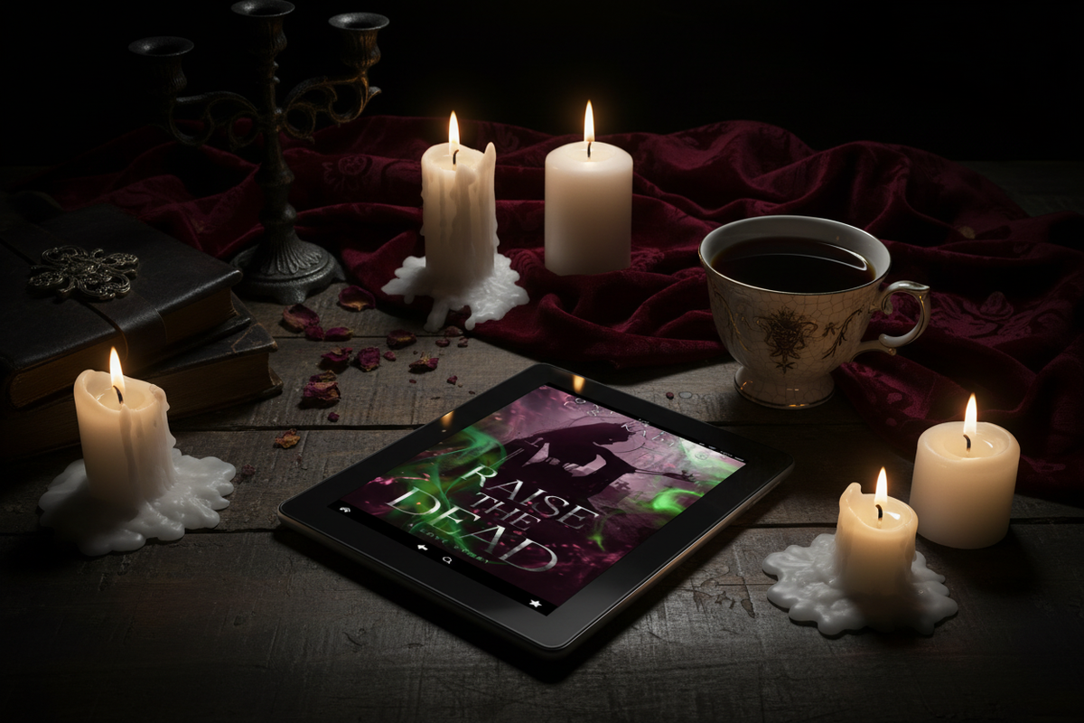 Gothic reading scene with Raise The Dead