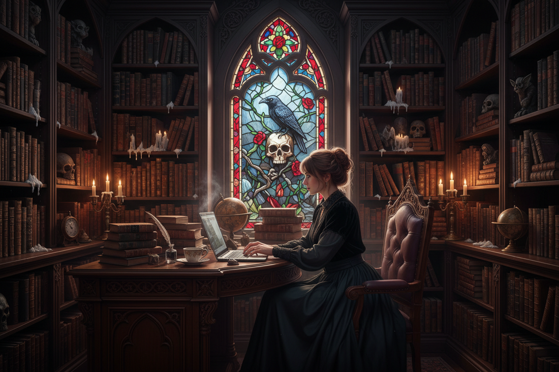 Novelist at gothic-themed writing desk with dark fantasy books