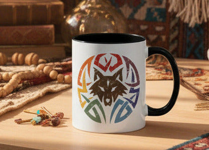 Wolf Tribal Accent Coffee Mug — Rainbow Tribal Wolf Design (11/15oz)