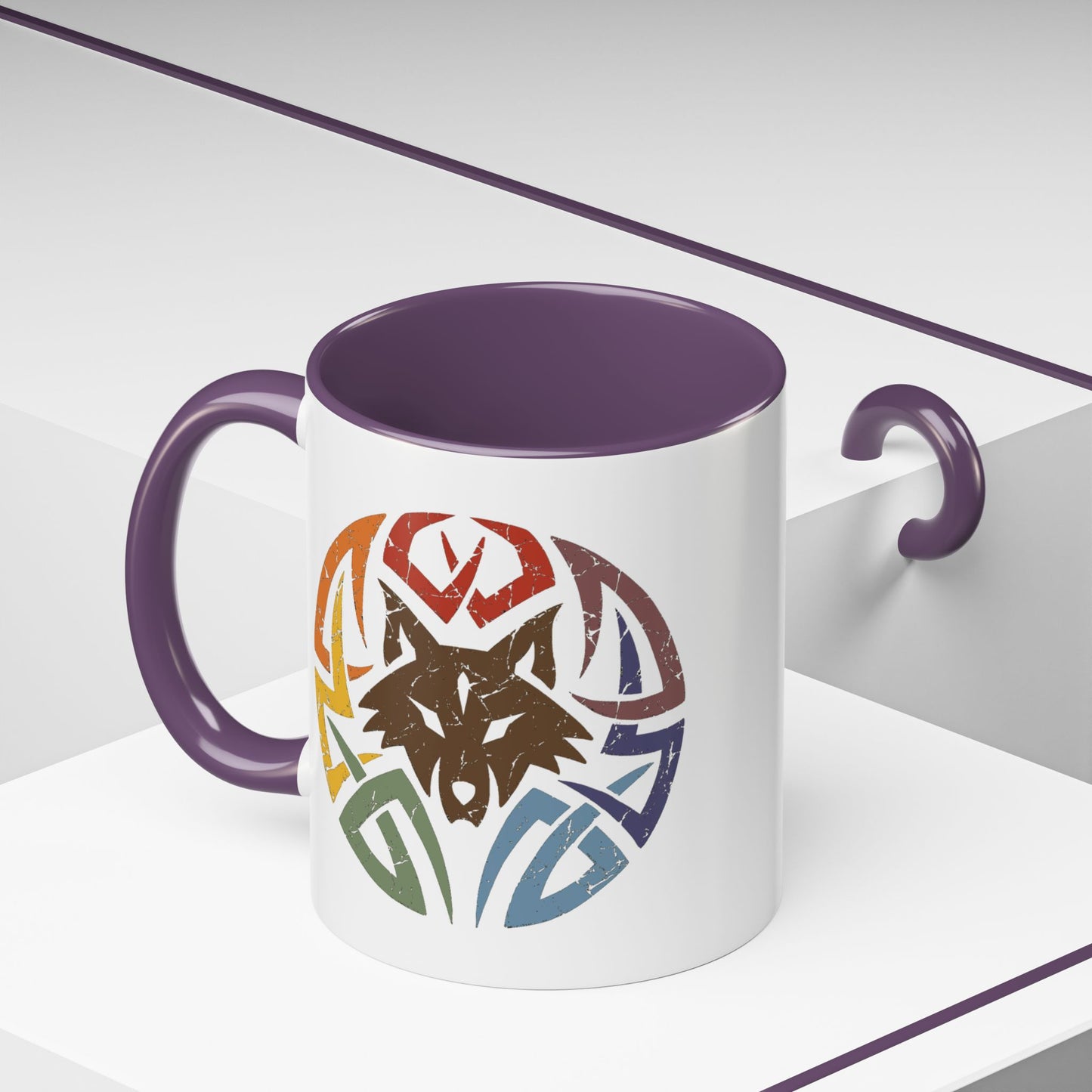 Wolf Tribal Accent Coffee Mug — Rainbow Tribal Wolf Design (11/15oz)