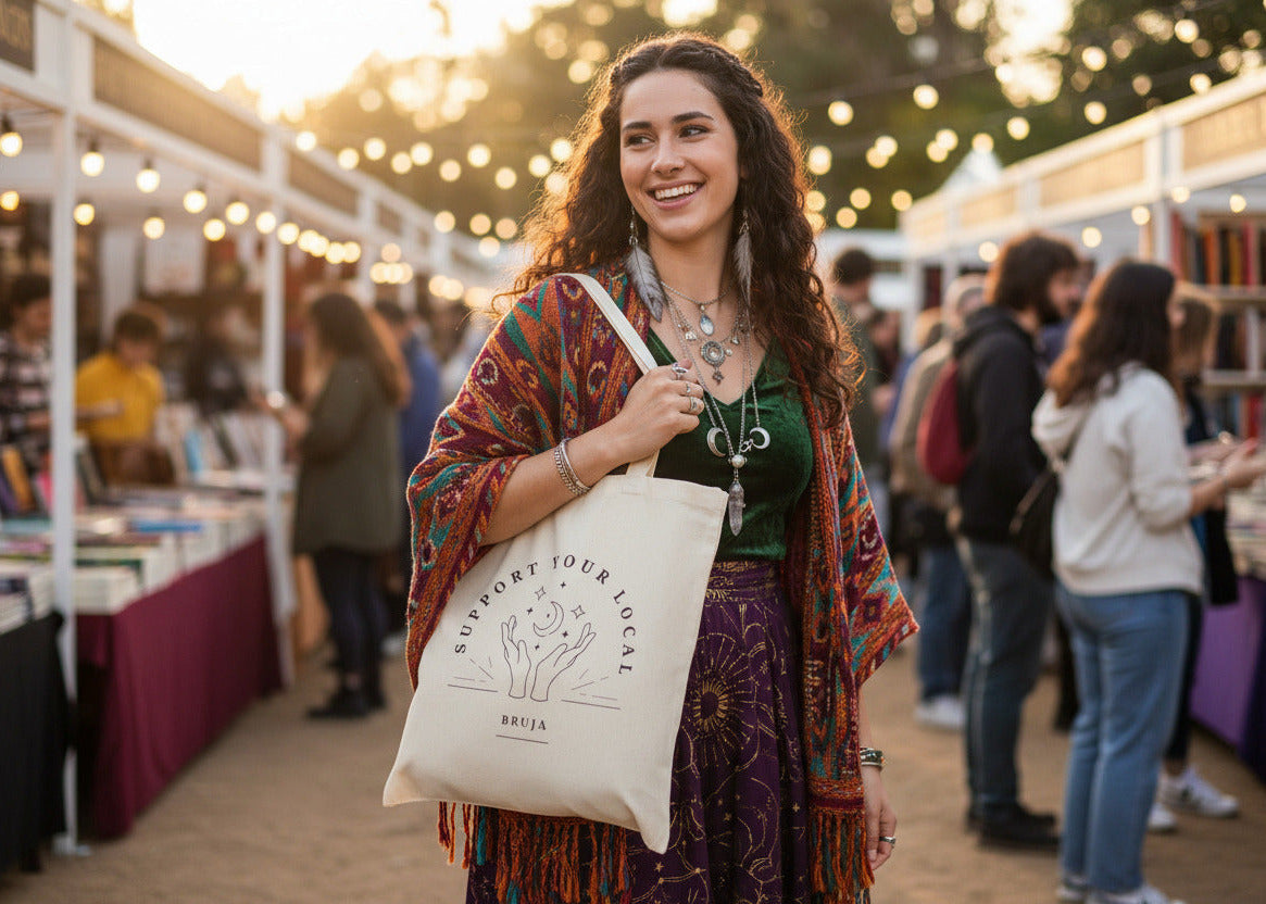 Tote Bag — “Support Your Local Bruja” Cotton Canvas Tote, Boho Witchy Market Bag
