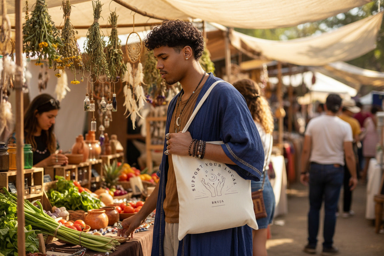 Tote Bag — “Support Your Local Bruja” Cotton Canvas Tote, Boho Witchy Market Bag