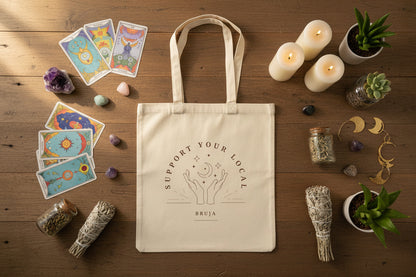 Tote Bag — “Support Your Local Bruja” Cotton Canvas Tote, Boho Witchy Market Bag