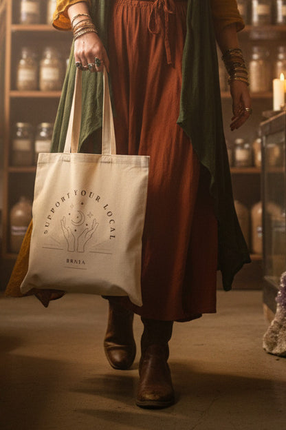 Tote Bag — “Support Your Local Bruja” Cotton Canvas Tote, Boho Witchy Market Bag